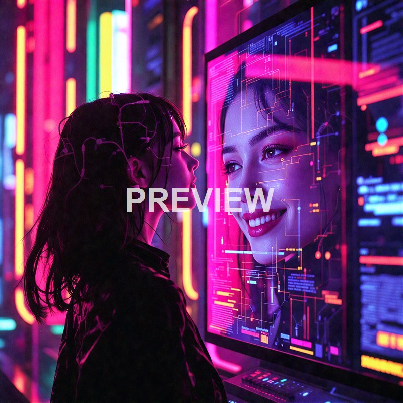A woman is standing in front of a large digital screen displaying a smiling woman's face with futuristic, holographic interface elements, surrounded by vibrant neon lights in a cyberpunk setting.